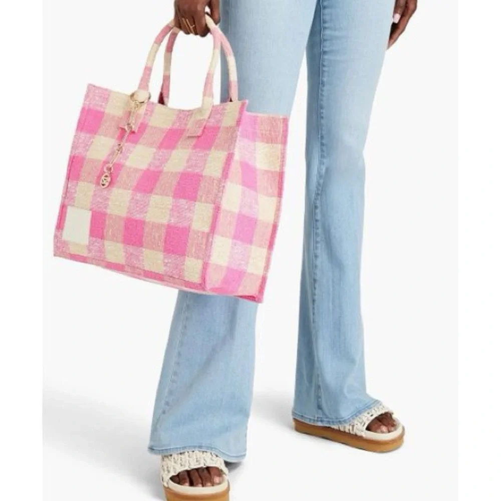 $450 SANDRO Kasbah gingham print cotton‎ tote bag shoulder bag pink cream white - Picture 3 of 10